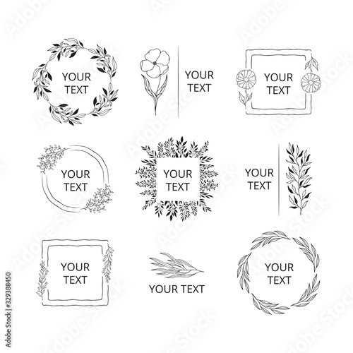 Hand drawn set of branding, monograms with floral branches, flowers and herbs. Wreaths, frames and borders for elegant wedding design. 