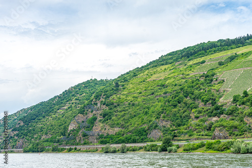 Germany, Rhine Romantic Cruise, a close up of a hillside next to a body of water