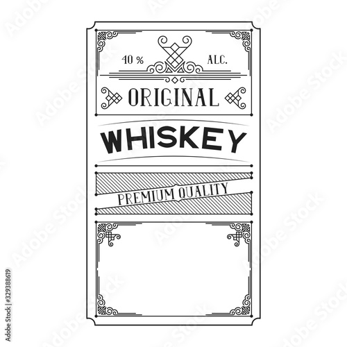 Whiskey label for bottle or bar menu with lettering. Hand drawn vintage alcohol frame. 