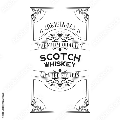 Hand drawn vintage scotch whiskey label with lettering for pub. Premium alcohol frame for drink bottles in bar menu.