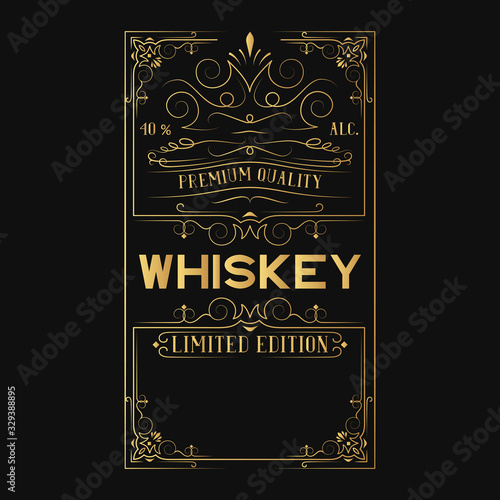 Hand drawn golden ornate alcohol frame for whiskey bottle. Gold vintage label with lettering for pub.