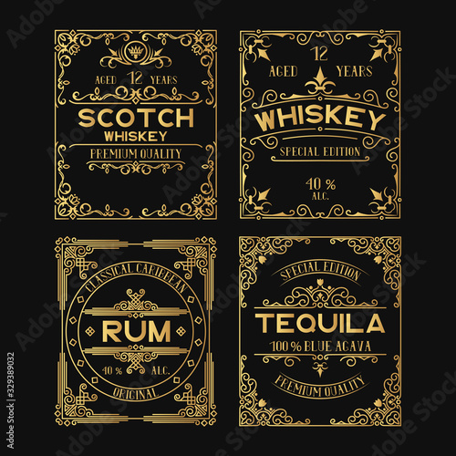 Vintage golden ornate labels set with lettering for pub. Hand drawn premium gold alcohol frames for tequila, rum, scotch, whiskey bottles in drink bar.