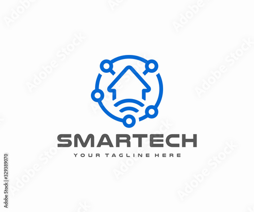 Smart home automation logo design. Remote home control system vector design. Internet of things logotype