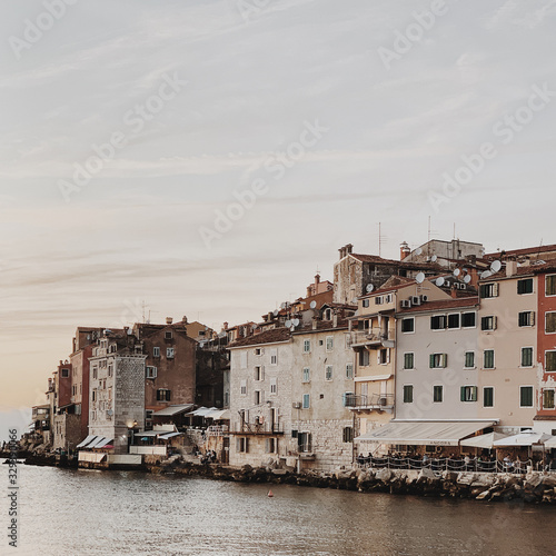 Beautiful sunset at old colorful town Rovinj, Istria, Croatia. .Travel summer concept. Sea view.