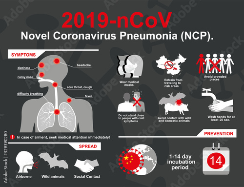 COVID-19. Novel Coronavirus. 2019-nCoV disease prevention infographic with icons and text, healthcare and medicine concept. Flu spreading of world, SARS pandemic risk alert. Vector.