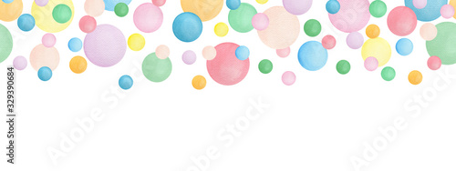 Fototapeta Naklejka Na Ścianę i Meble -  seamless banner design with colorful watercolor bubbles,  ornamental decoration with falling bubbles, party background with pastel colored dots design