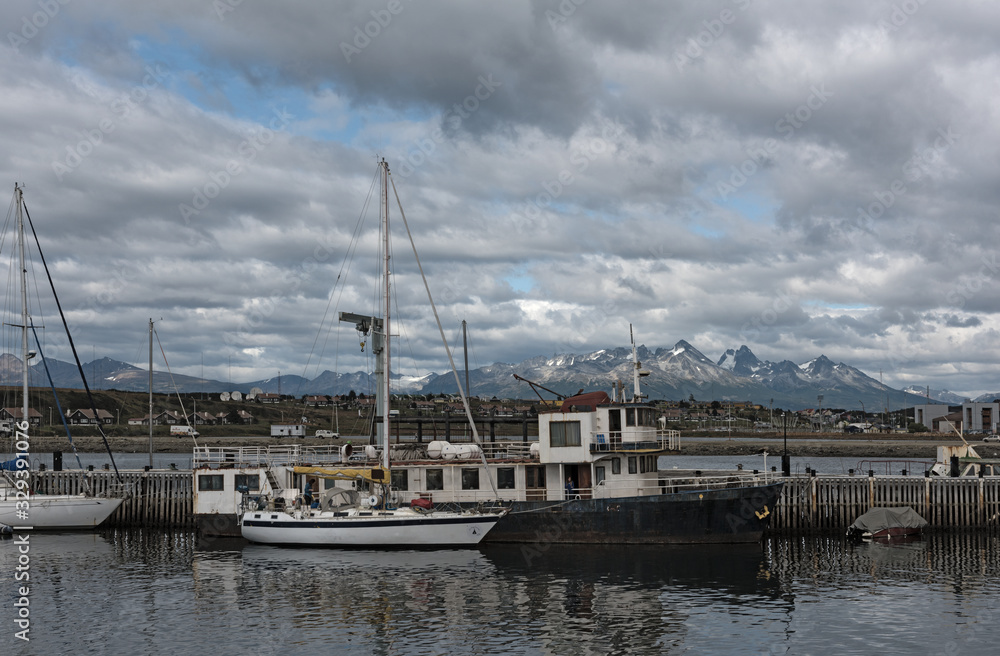 view of the ships and boats in Ushuaia Harbor, Argentina