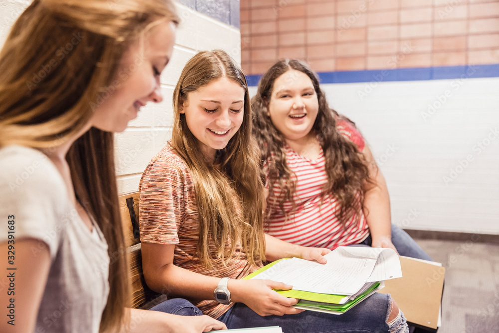 Students hanging out in the hallway between classes, discussing homework. Red Lodge, Montana, USA Students hanging out in the hallway between classes, discussing homework. Red Lodge, Montana, USA