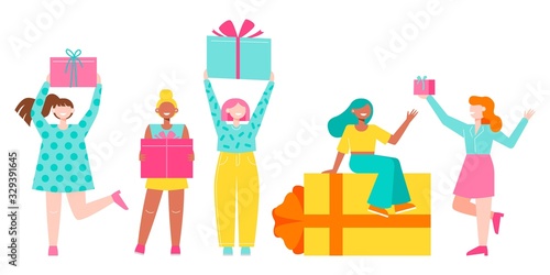 Vector set of young women with gifts © ekaterinarb