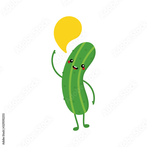 Cute vector cartoon style cucumber character with speech bubble, talking, giving advice or information.