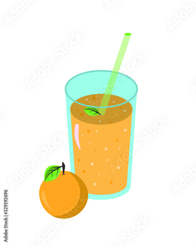 Peach juice smoothie in a glass glass with fresh peach and a straw.Fresh natural healthy fruit and berry drink. Vector illustration.