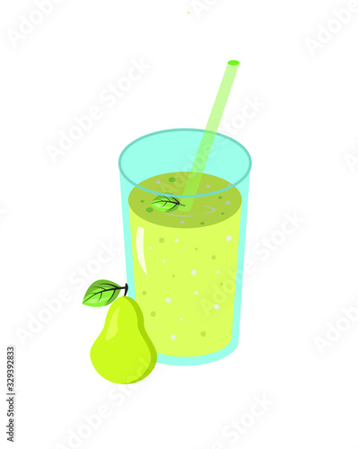 Smoothie made from pear juice in a glass glass with fresh pears and straws. Fresh natural healthy fruit and berry drink. Vector flat illustration.