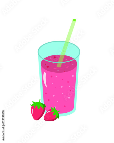 Strawberry juice smoothie in a glass glass with fresh strawberries and a straw.Fresh natural healthy fruit and berry drink. Vector illustration.