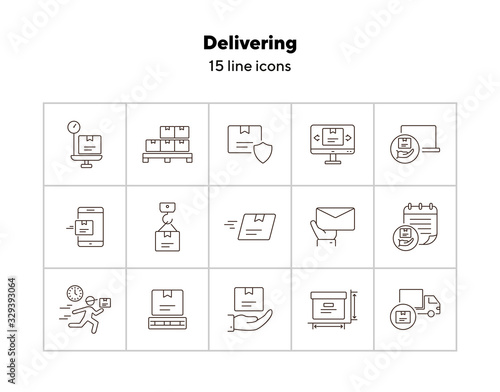 Delivering icons. Set of line icons. Fast package, mobile parcel, box weight. Logistics concept. Vector illustration can be used for topics like shipment, post service, freight