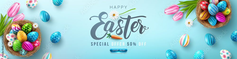 Plakat Easter poster and banner template with Easter eggs in the nest on light green background.Greetings and presents for Easter Day in flat lay styling.Promotion and shopping template for Easter