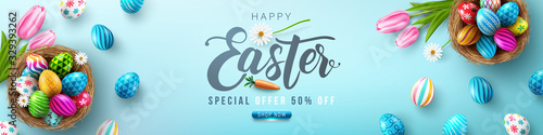 Wallpaper Mural Easter poster and banner template with Easter eggs in the nest on light green background