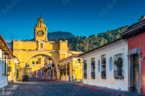 Old town in Antigua Guatemala at sunrise