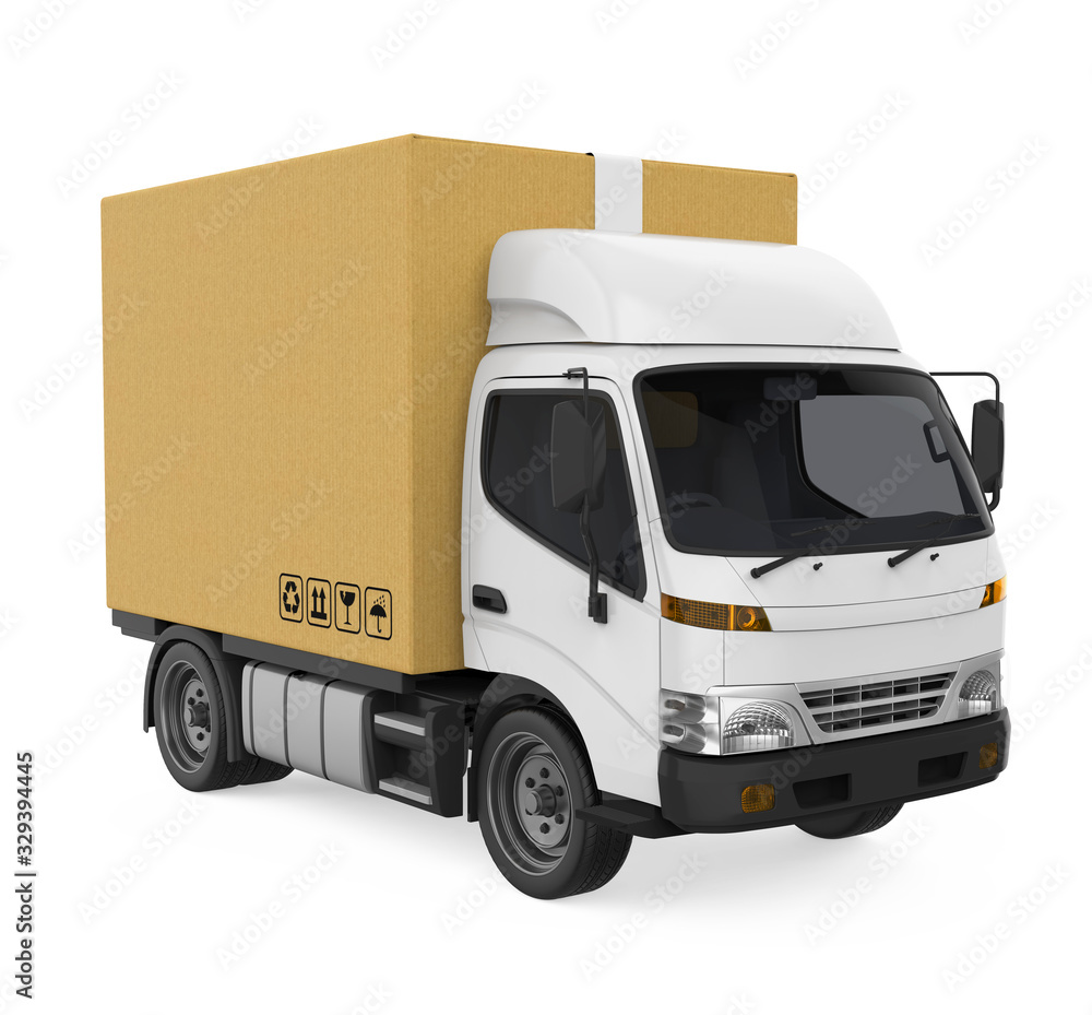 Delivery Van with Cardboard Box Isolated