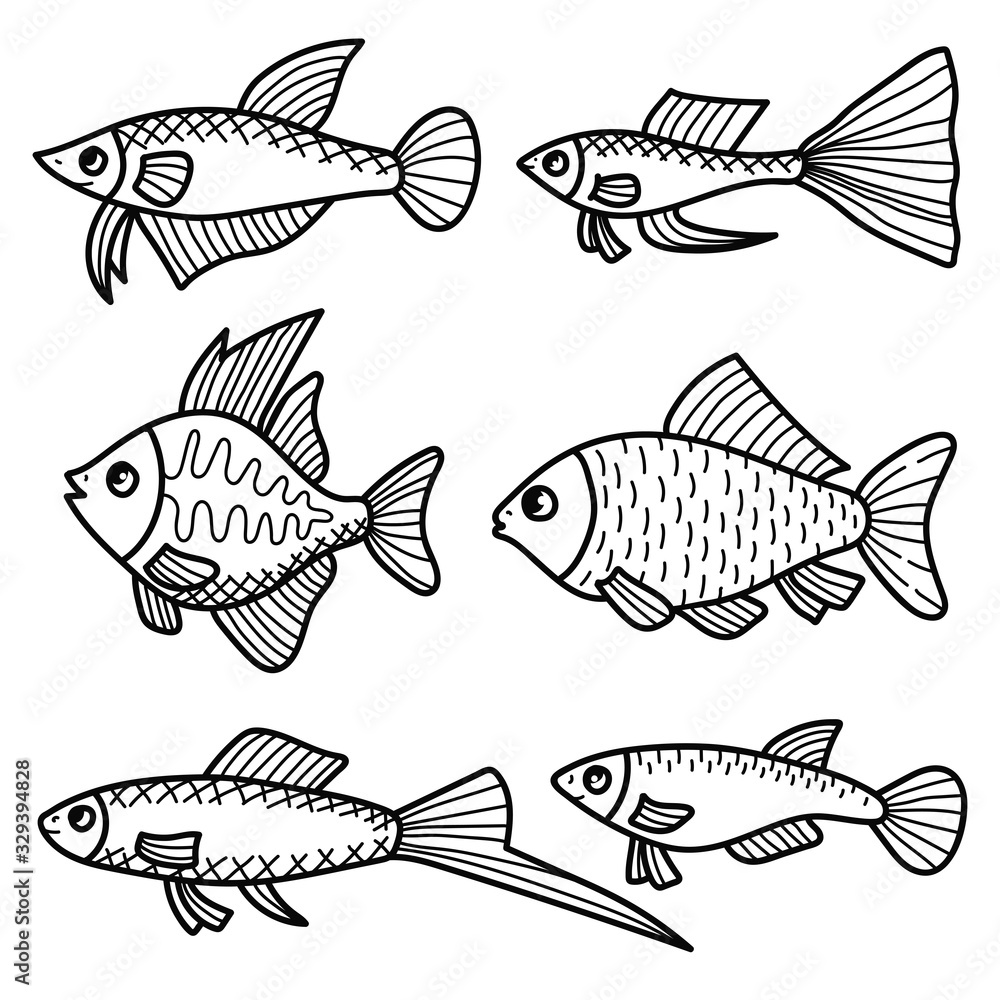 Naklejka premium Doodle black andwhite fish icons vector set