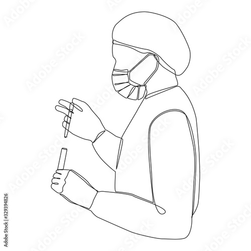 Scientist doing laboratory analysis one line drawing on white isolated background. Vector illustration 