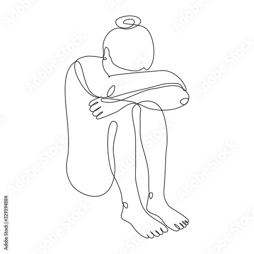 Woman cries covering her face with hands one line drawing on white isolated background. The concept of a woman in depression after violence against her. Vector illustration	