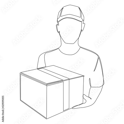 Delivery man with a box in his hands one line drawing on white isolated background. Vector illustration