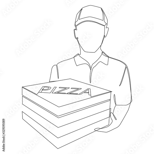 Pizza delivery man with boxes in hand one line drawing on white isolated background. Vector illustration