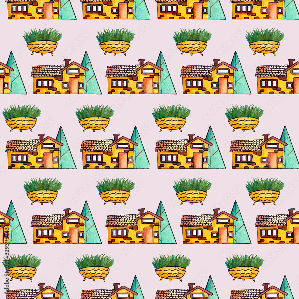 golden house and pine tree, seamless pattern