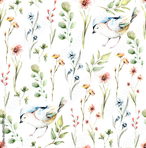 Canvas Print pattern with wildflowers and birds. Spring