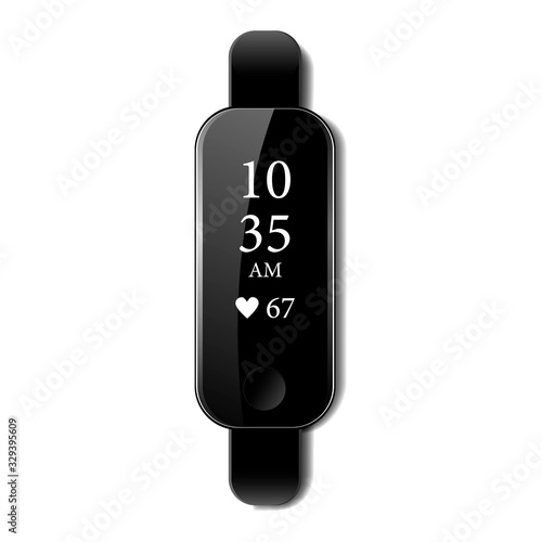 Black fitness bracelet or smart watch, time and pulse on the bracelet screen with a glare on an isolated background, vector illustration