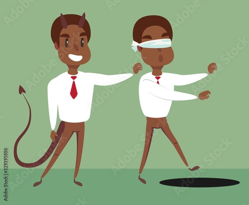 Business man pushing his competitor to the hole. Concept of competition, sabotage and danger of the corporate business world. Vector cartoon illustration.