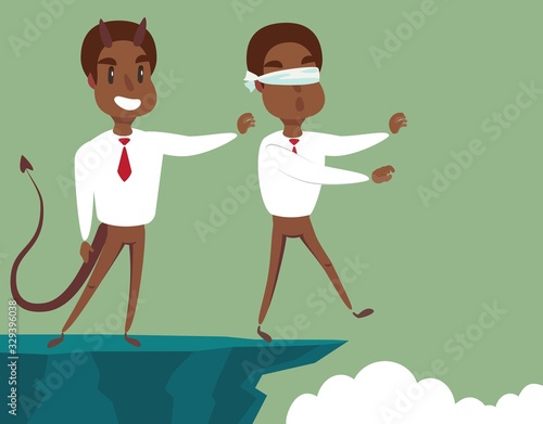 Business man pushing his competitor off the cliff. Concept of competition, sabotage and danger of the corporate business world. Vector cartoon illustration.