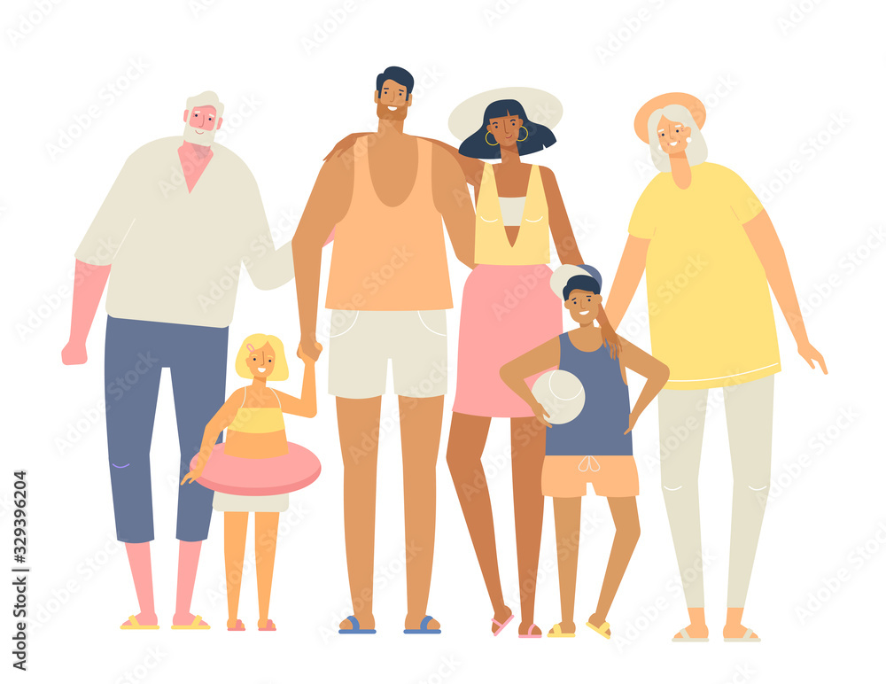 Obraz premium Happy family on a summer vacation. Parents, children, grandparents hug together. Vector illustration in flat design, isolated on white
