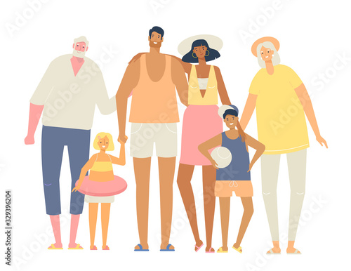 Happy family on a summer vacation. Parents, children, grandparents hug together. Vector illustration in flat design, isolated on white