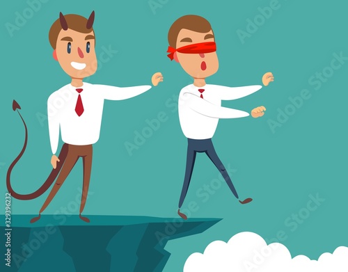 Business man pushing his competitor off the cliff. Concept of competition, sabotage and danger of the corporate business world. Vector cartoon illustration.