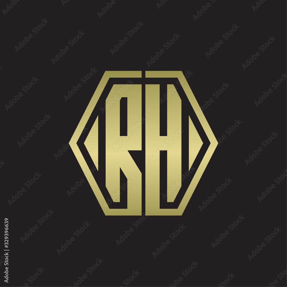 RH Logo monogram with hexagon line rounded design template with gold colors RH Logo monogram with hexagon line rounded design template with gold colors