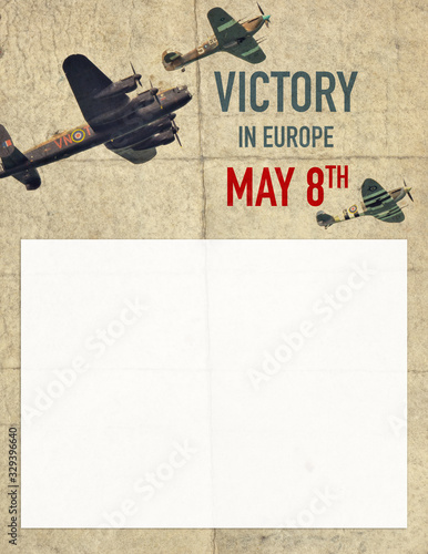 Poster background for UK Victory Day in Europe with historical British aircrafts