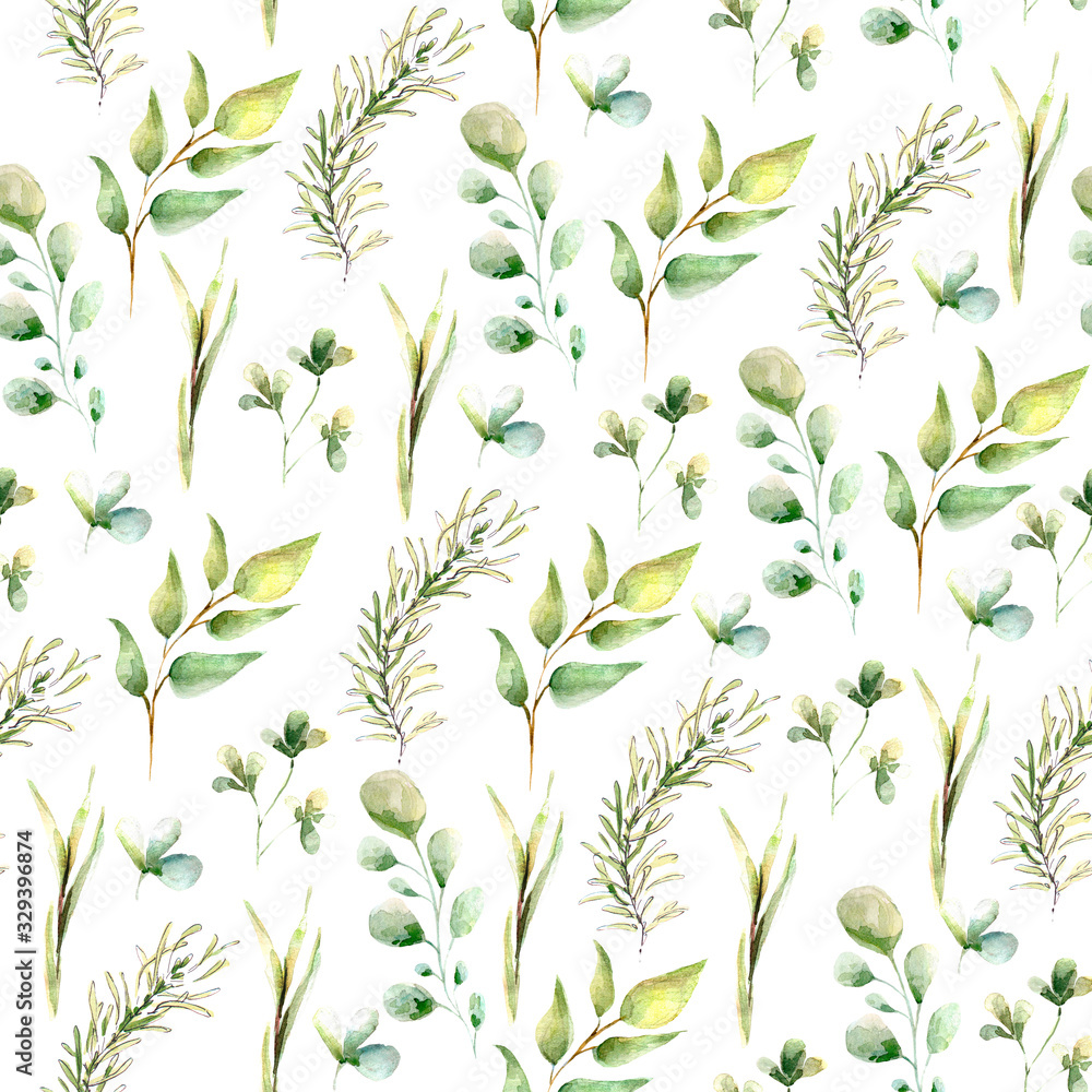  Hand drawing watercolor spring pattern with green leaves, clovers.  illustration isolated on white