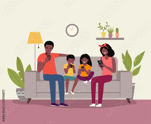 Mother and father with children sitting on the sofa with smartphones. African american family. Vector flat illustration