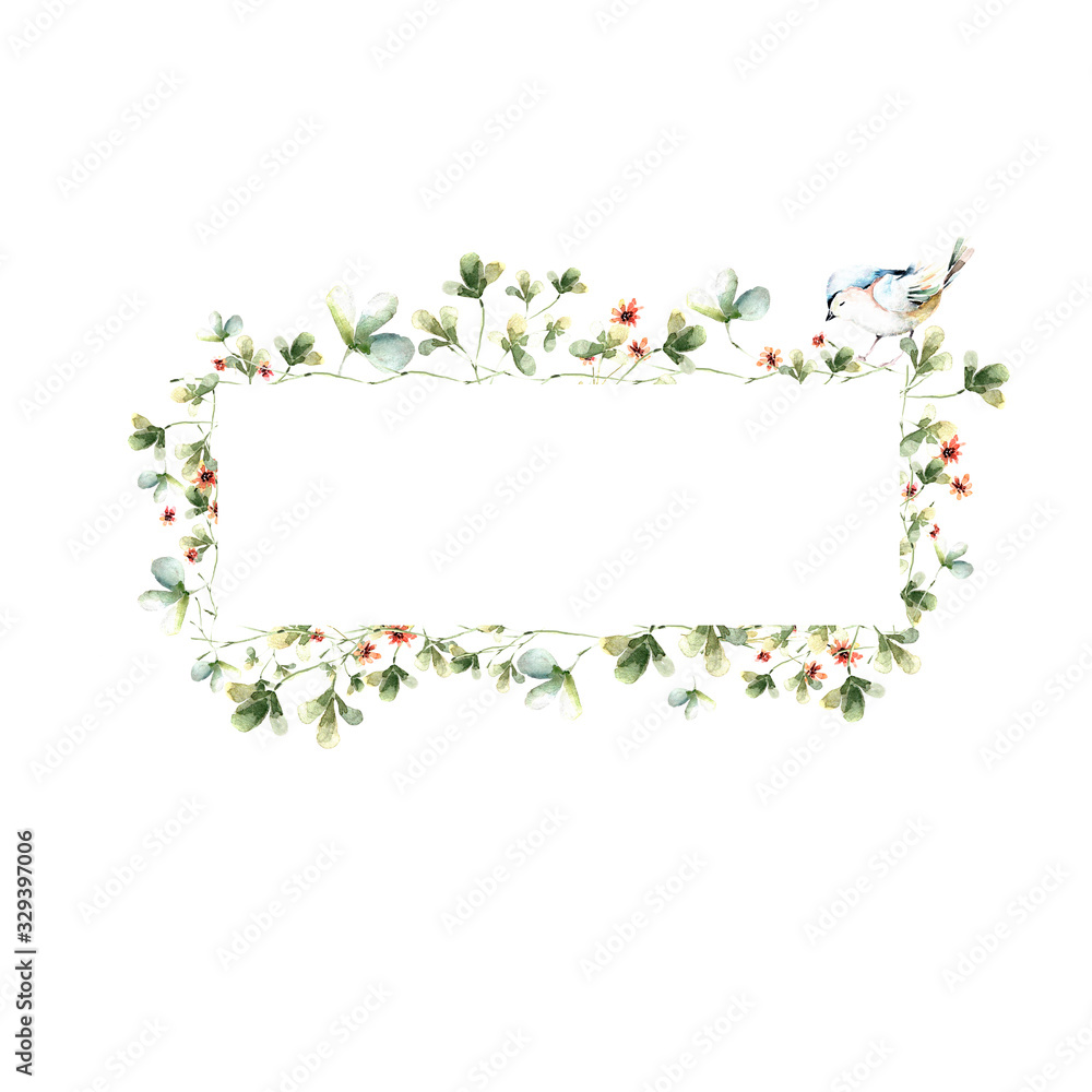 Hand drawing watercolor spring frame of clover leaves and flowers with a bird. illustration isolated on white Hand drawing watercolor spring frame of clover leaves and flowers with a bird. illustration isolated on white