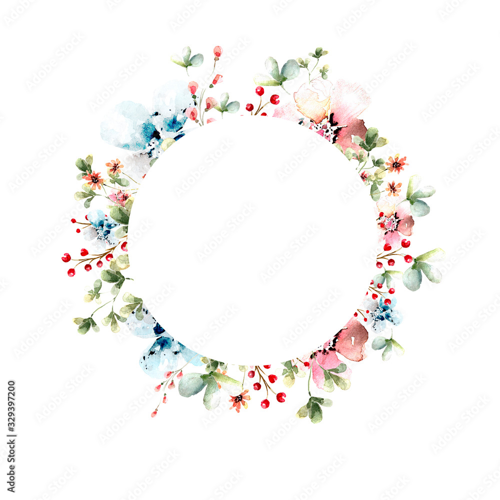 Hand drawing watercolor spring frame of clover leaves and flowers with a bird. illustration isolated on white Hand drawing watercolor spring frame of clover leaves and flowers with a bird. illustration isolated on white