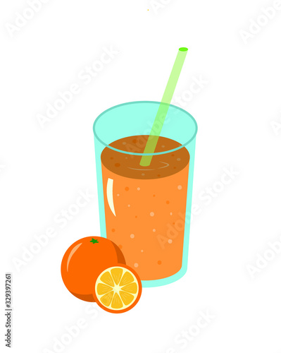 Orange juice smoothie in a glass glass with fresh orange and a straw.Fresh natural healthy fruit and berry drink. Vector illustration.