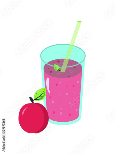 Apple juice smoothie in a glass glass with fresh Apple and a straw.Fresh natural healthy fruit and berry drink. Vector illustration.
