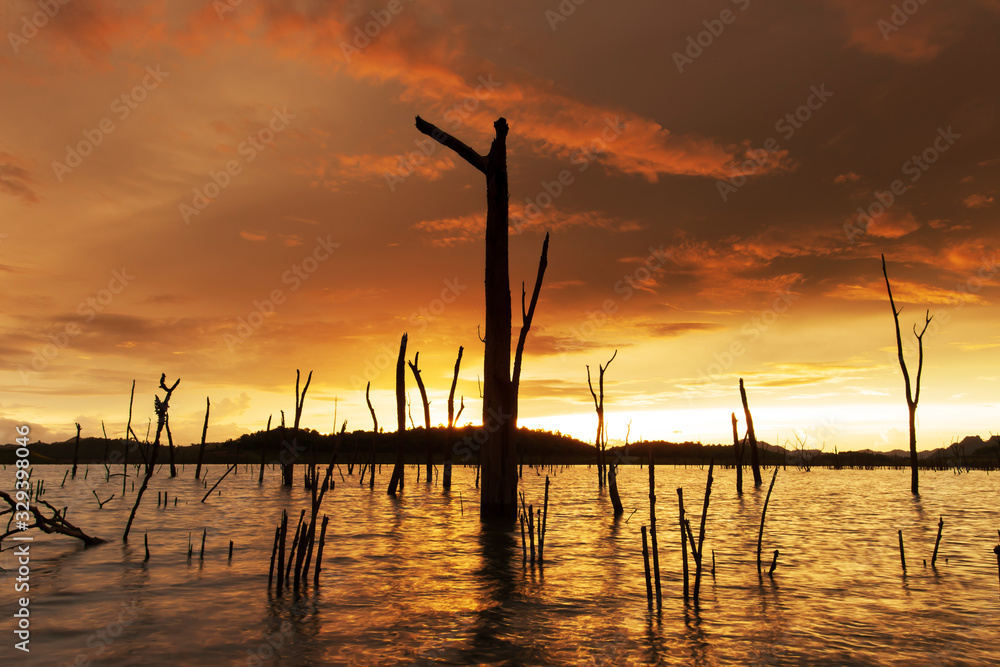 Dramatic storm cloud over a flooded lake.