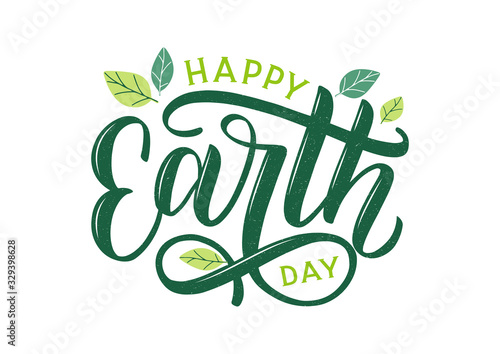 Happy Earth Day hand lettering logo decorated by leaves. Earth Day 2020 typography logo. Earth Day enviromental and eco activism vector concept EPS 10