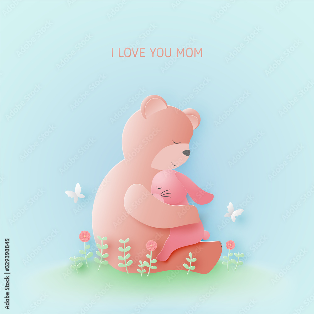 Happy mother's day greeting card with Bear hug baby rabbit on flower fields in paper cut style. Vector illustration Mother's day banner or poster. Happy mother's day greeting card with Bear hug baby rabbit on flower fields in paper cut style. Vector illustration Mother's day banner or poster.