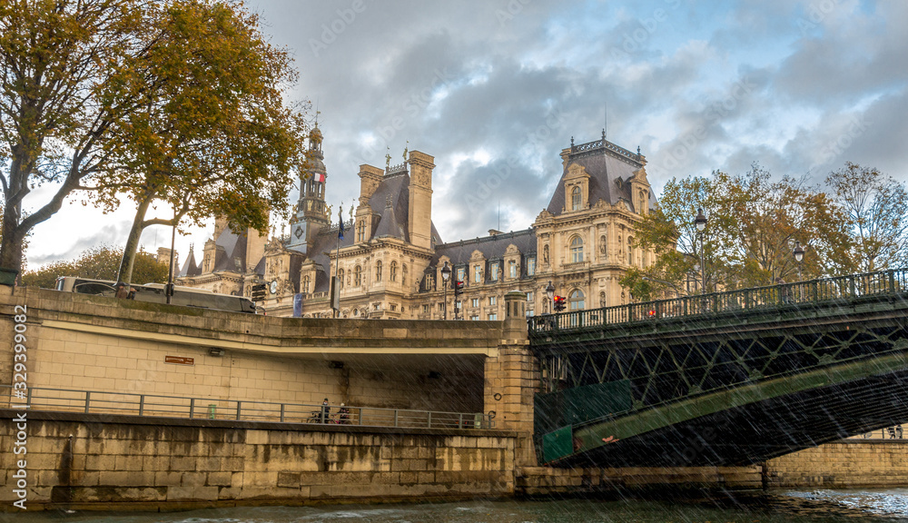 Pont d’Arcole bridge near Hotel de Ville building on river Seine in central Paris, France