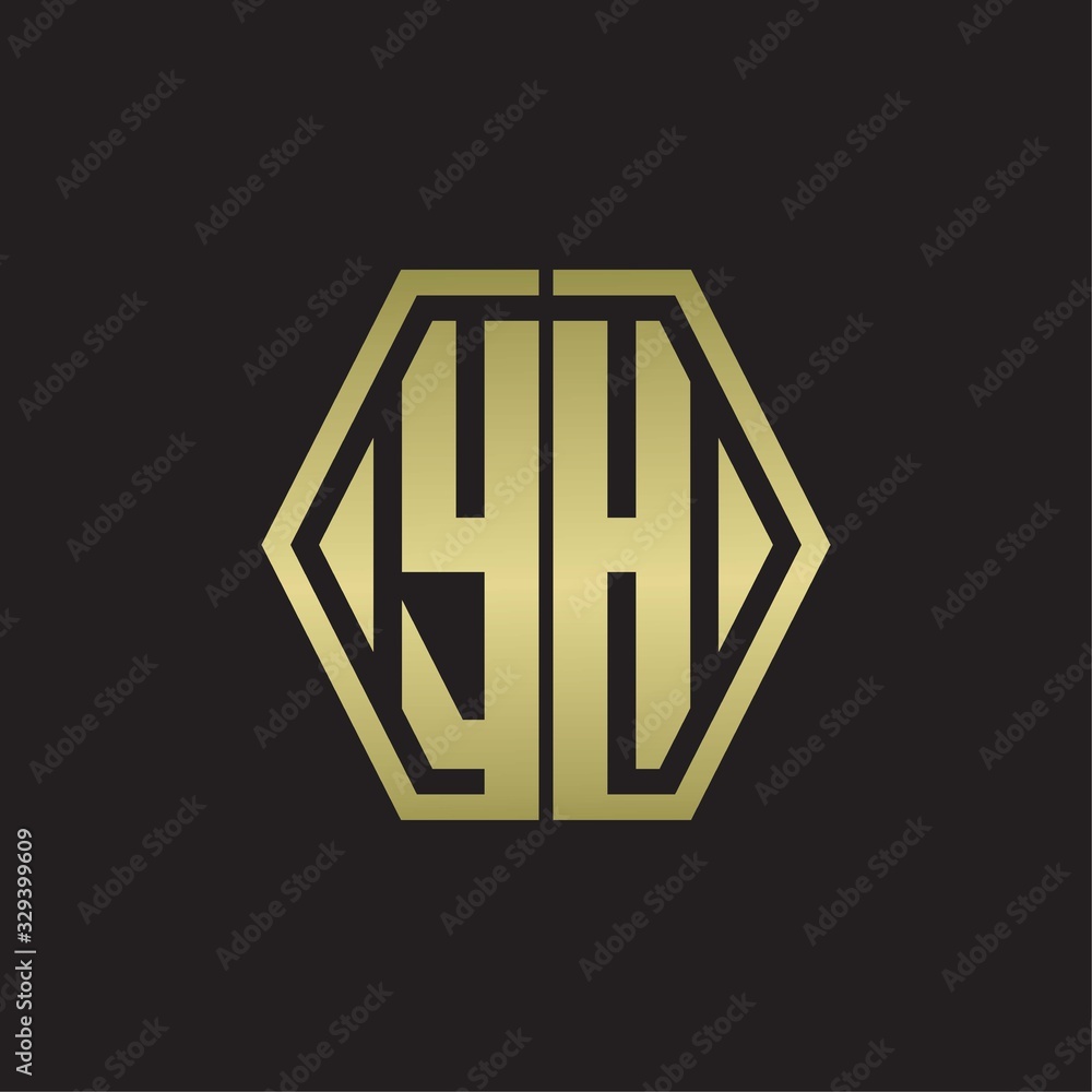 YH Logo monogram with hexagon line rounded design template with gold colors YH Logo monogram with hexagon line rounded design template with gold colors