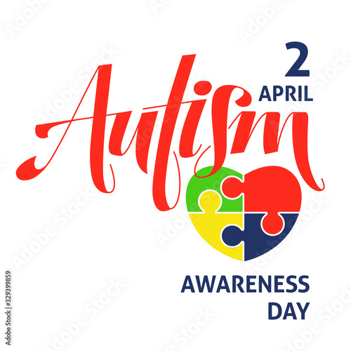 A square vector image with a lettering and heart puzzles  for the autism awareness day. A template for a medicine flyer poster card design 