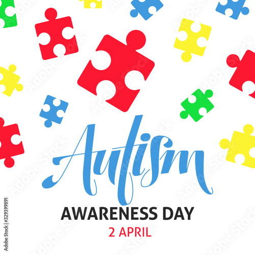 A square vector image with a lettering and puzzles for the autism awareness day. A template for a medicine flyer poster card design 